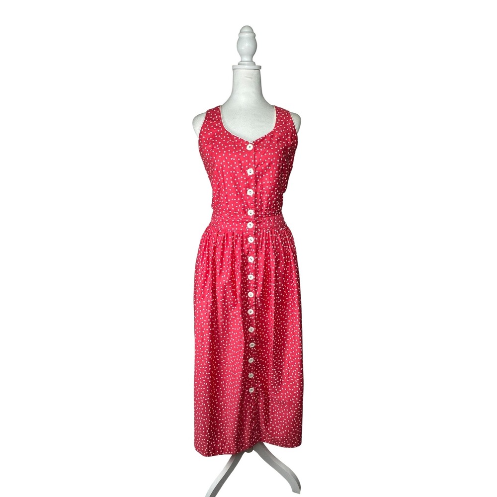 Eileen West Vintage Watermelon Pink Polka Dot Cotton Button Front Midi Dress 8